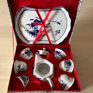 NEW Mini Porcelain Vintage Blue & White Bamboo Chinese Teapot with 6 Tea Cups